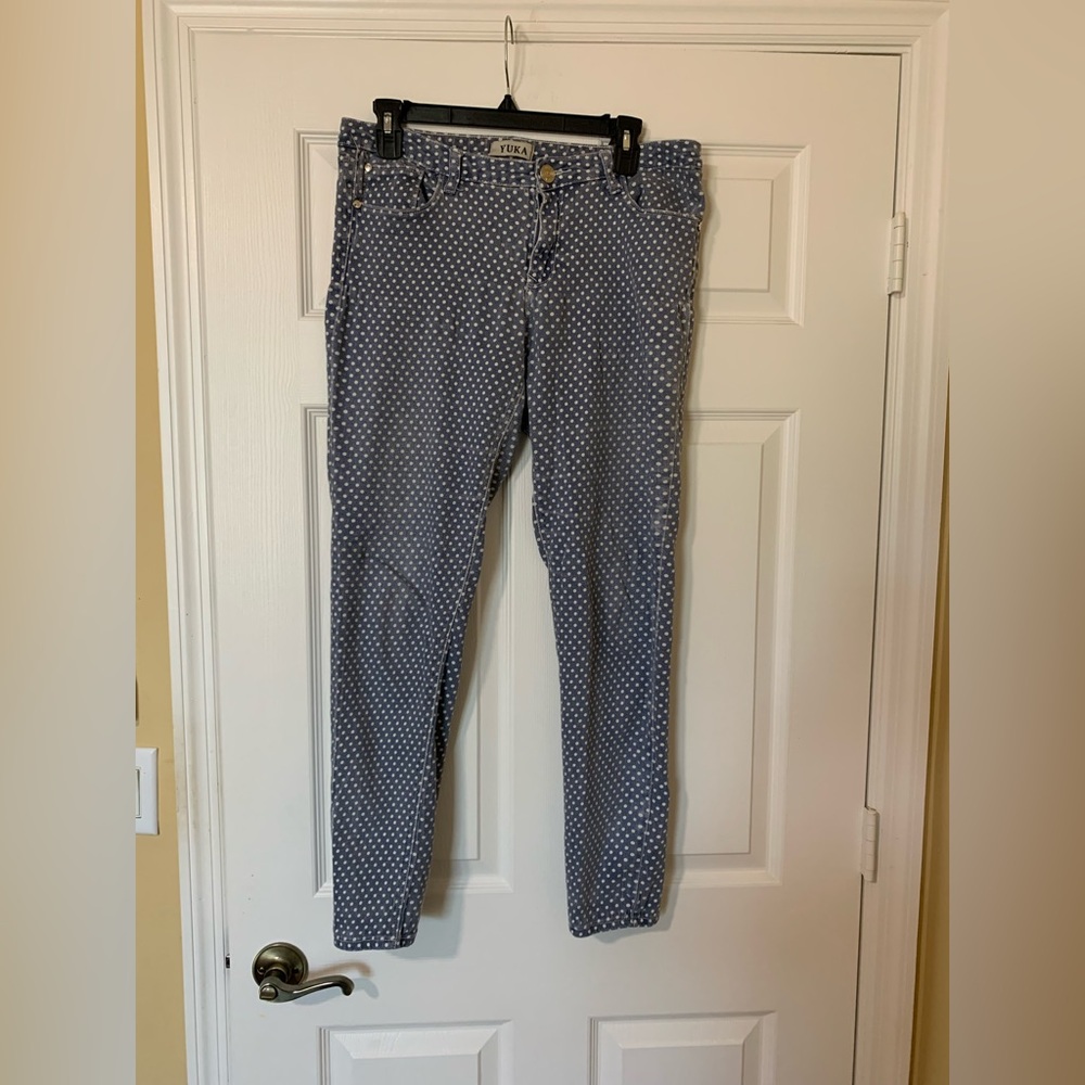 Yuka Women's Blue Polka Dot Cotton Blend Skinny Jeans Size 31 Preppy Casual‎